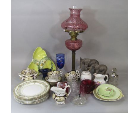 A collection of ceramics and glassware including Victorian tea wares with blue, gilt and yellow detail, comprising a sucrier 