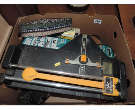 Box of Misc - Tile Cutter, Battery Charger and Hat etc 