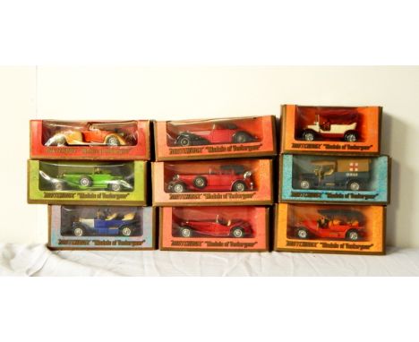 Nine Matchbox Models of Yesteryear diecast cars including a Y-17 1938 Hispano Suiza, a 1914 Prince Henry Vauxhall, etc., all 