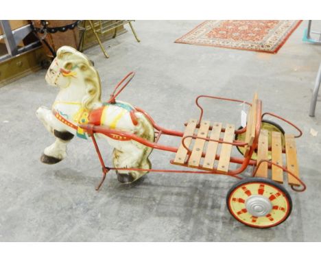 A child's tricycle, the front with prancing tinplate horse and with wooden seat, a plush dog on wheels, a child's chair and o