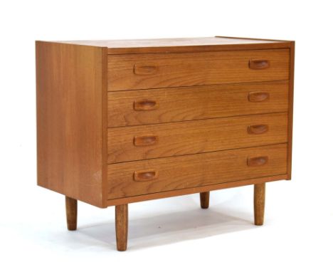 A 1960/70's Swedish teak chest of four drawers, on later turned legs, w. 80 cm CONDITION REPORT: Width 80 cm. Depth 43 cm. He