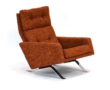 Robin Day for Hille, a 'Leo' armchair, the 'burnt orange' and speckled button upholstery on flat aluminium legs, label to fra