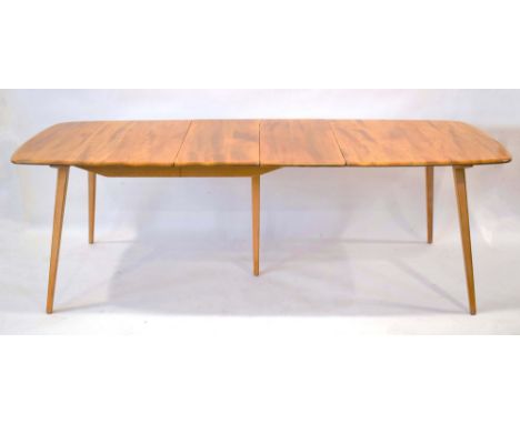 An Ercol elm 'Grank Plank' Windsor extending dining table, 150 x 80 cm, on beech legs with a fitted folding double-leaf that 