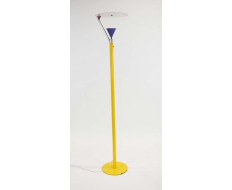 Olle Andersson for Borens, a 1980's Swedish yellow, blue and white enamelled floor lamp in the Memphis or Cubist styles