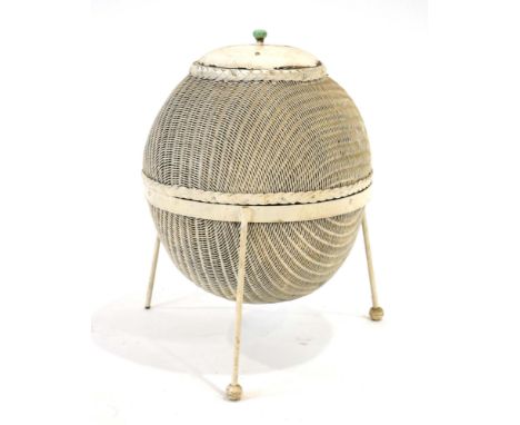 Geoffrey Lusty for Lloyd Loom, a 'Sputnik' wicker linen basket with wooden cover and painted metal tripod stand, h 52 cm*It i