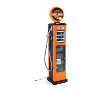 A Custom Gas Pumps contemporary lit cabinet modelled as a Harley-Davidson Motor Cycles pump, the orange and black body surmou