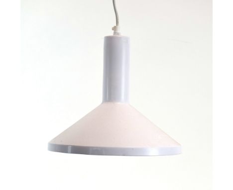 A white enamelled pendant ceiling light of open form CONDITION REPORT: Working order unknown. Minor wear.