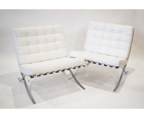 Attributed to Ludwig Mies van der Rohe, a pair of 'Barcelona' type chairs with chromed frames and white button upholstered se