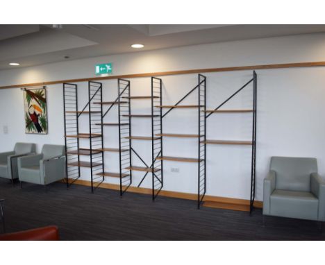 Robert Heal for Staples, a 'Ladderax' teak modular shelving system including six uprights (h. 200 cm), eight shelves (59 x 20