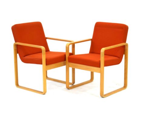 Rud Thygesen & Johnny Sorensen for Magnus Olesen, a pair of oak framed cantilever armchairs with orange upholstery *Sold subj