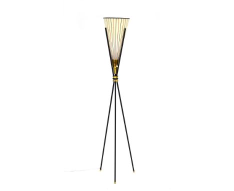 A 1950's black tubular tripod lamp with brass caps and a perforated striped conical shade, h. 158 cm CONDITION REPORT: Frame 