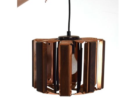 A 1970's ceiling light with copper and faux rosewood rectangular sections CONDITION REPORT: Working order unknown. Heavy wear