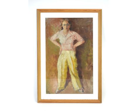 Mid-Century School,A full-length portrait of a lady holding her hands on her hips,indstinctly signed and dated,oil on paper,1