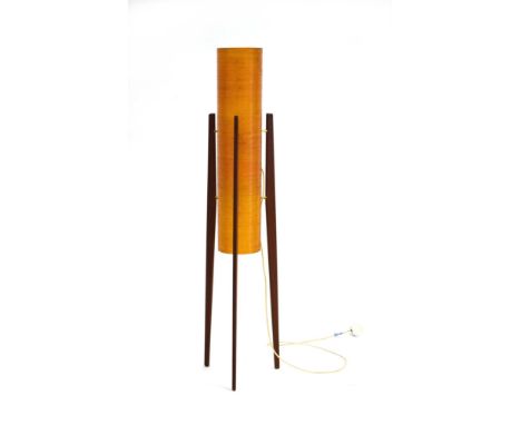 A 1970's spun plastic 'rocket' lamp with teak tripod supports, h. 114 cm CONDITION REPORT: Currently working. No cracks or br