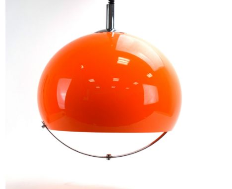 An Italian orange pexiglass rise-and-fall ceiling light with a chromed handle by Harvey Guzzini CONDITION REPORT: No maker's 