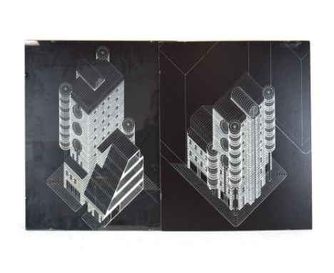 An absract architectural image,white lines on a black ground,60 x 48 cm,together with another matching CONDITION REPORT: On b