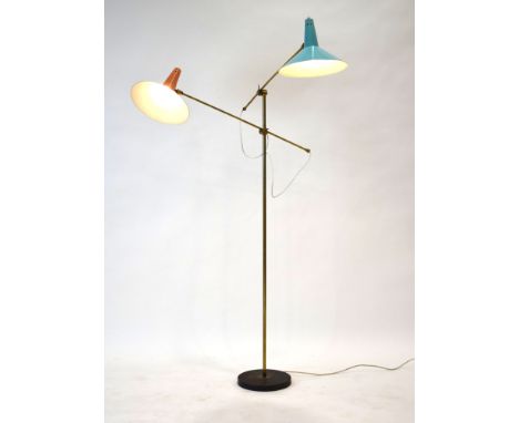 R.C.Hiscock for Hiscock, Appleby & Co Ltd, a 1950's adjustable standard lamp with peach and turquoise enamelled shades and br