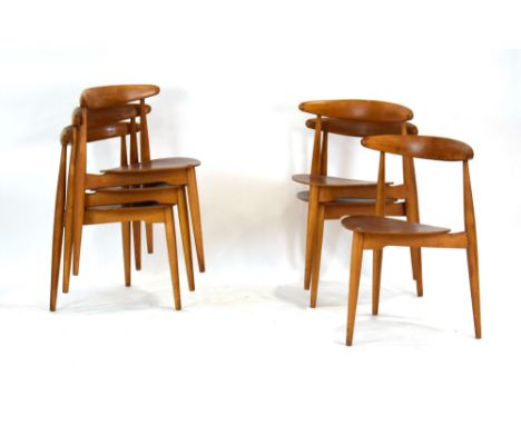 Hans Wegner for Fritz Hansen, a set of six beech and teak stacking 'Heart' chairs, no. FH4103, each with three legs, stamped 