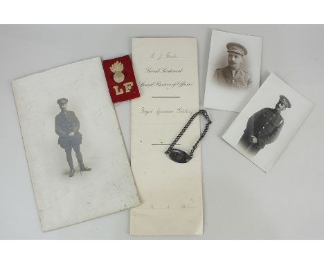 A First World War Special Reserve of Officers notice to Cyril James Fowler, Second Lieutenant, a silver tag Feb 1918 on chain