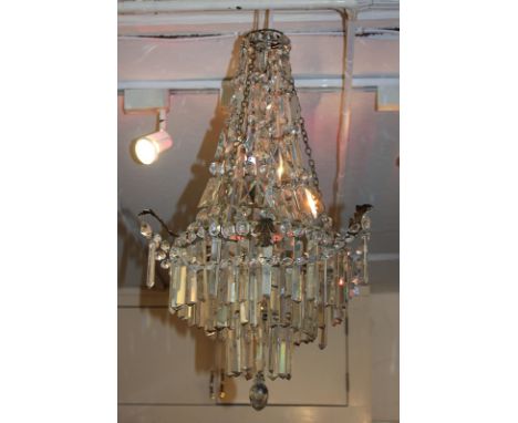 A cut glass bag drop chandelier ceiling light fitting with metal leaf supports, 65cm, (a/f)