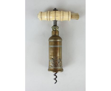 A 19th century Edward Thomason corkscrew, the bone handle with brush, the brass barrel  mounted with the royal coat of arms, 