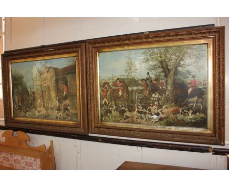 After E F Holt, a pair of hunting scenes with riders and hounds, at the catch of the fox, and in the stable yard, coloured pr