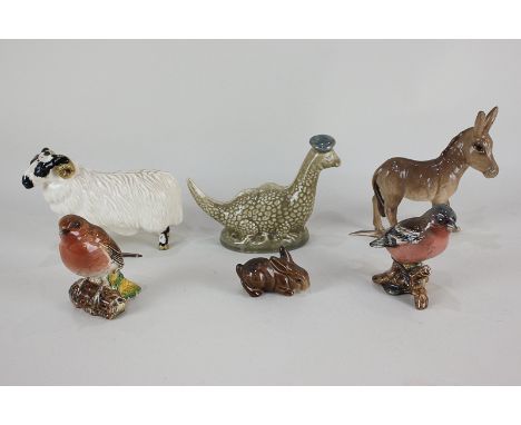 A collection of six Beswick porcelain models, a black-faced ram (No 3071), a donkey foal (No 2110), a rabbit crouching (No 82