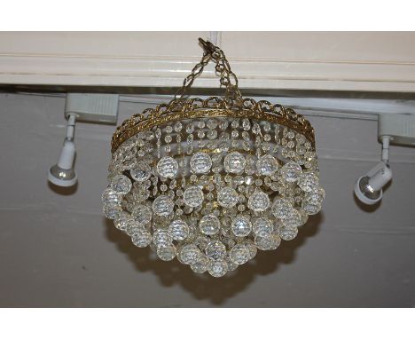 A gilt metal and cut glass chandelier ceiling light shade hung with crystals, 30.5cm diameter