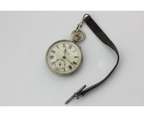 A steel cased Services Army pocket watch, engine turned case, Roman numerals, subsidiary seconds
