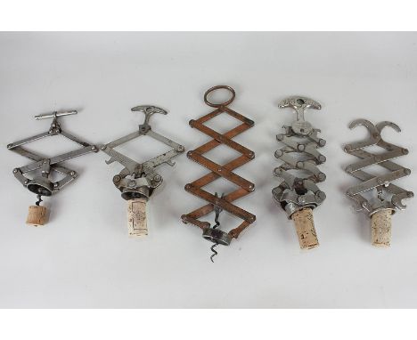A 19th century lazy tongs corkscrew, copper plated, stamped J Heeley & Sons Ltd, a Zigzag corkscrew stamped Brevete SGDG Marq