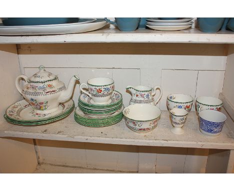 A Copeland Spode pottery part breakfast and tea service in the Chinese Rose pattern, comprising a teapot, sugar bowl, milk ju