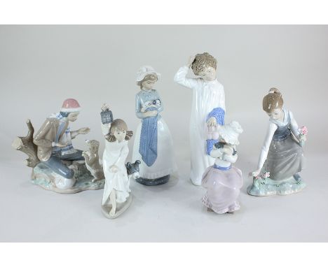 A Lladro porcelain figure of a girl picking flowers, 21cm, together with a Nao figure group of a lady seated on a stump befor