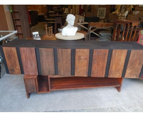 Media Unit -  Santos 4 Door Media Console Credenza Finished In Brazilian Peroba Wood &amp; Black Oak With Steel Legs A Truly 