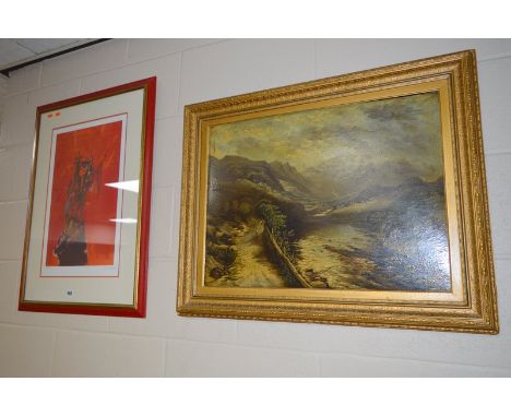 VICTORIAN BRITISH SCHOOL, MOUNTAINOUS LANDSCAPE WITH FIGURE ON A RIVERSIDE PATH, oil on board, 45.5cm x 61.5cm, together with
