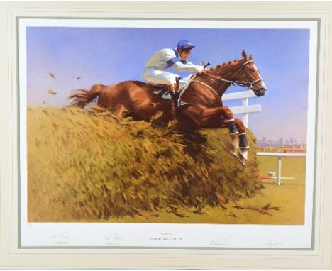 AFTER PETER CURLING, 'ALDANITI', a limited edition print 60/500, signed by the artist, Bob Champion MBE, Josh Gifford and Nic