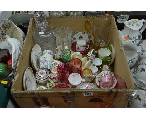 A GROUP OF CERAMICS AND GLASSWARES, to include cranberry coloured glass, Royal Crown Derby teawares, cut glass decanter etc