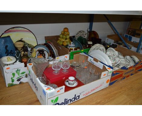 FIVE BOXES OF CERAMICS AND GLASSWARE, including Lord Nelson Indian Tree dinner wares, decorative plates, figural ornaments, e