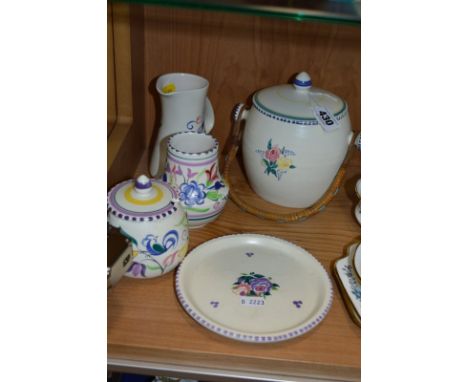 FIVE PIECES POOLE POTTERY, to include biscuit barrel, preserve pot, vase, etc (5)