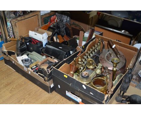 TWO BOXES OF CAMERA EQUIPMENT, binoculars, carved wooden tribal figures etc and a box of brass and copper items (three boxes)