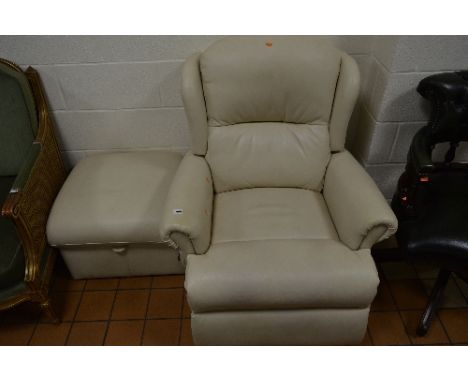 A SHERBOURNE CREAM LEATHER ELECTRIC RISE AND RECLINE ARMCHAIR, and a matching pouffe with hinged storage compartment (2)