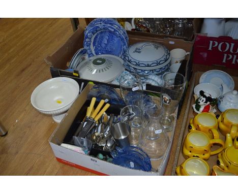 TWO BOXES OF CERAMICS AND GLASSWARE, cutlery, handkerchiefs, etc (two boxes and loose) 