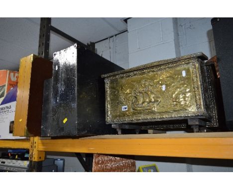 TWO BRASS LOG BOXES, a copper fire screen and three empty carpenters tool boxes (6)