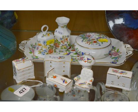 SIX PIECES AYNSLEY 'PEMBROKE' MINIATURES and four other pieces Aynsley, to include chest of drawers, bureau, ottoman, lamp, c