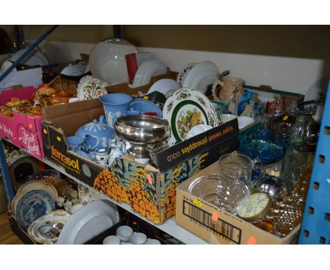 SEVEN BOXES OF CERAMICS AND GLASSWARE, etc, including Cottage ware, Wedgwood jasperware, etc (seven boxes)