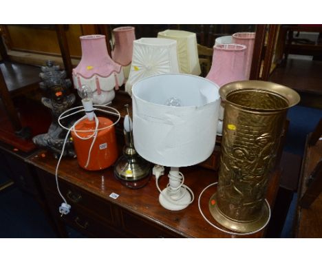 EIGHT VARIOUS TABLE LAMPS, a brass umbrella stand, an earthenware vase, an Oriental ornamental plant holder, mirror and stand