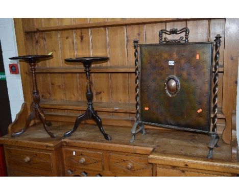 AN ARTS AND CRAFTS COPPER FIRESCREEN, two wine tables (sd) and a bergere footstool (4)