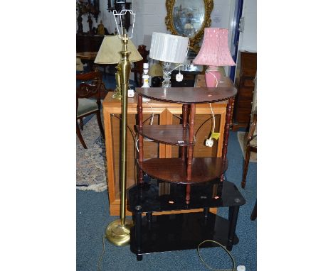 A MODERN GLAZED TWO DOOR BOOKCASE, hall stand, brass standard lamp and four table lamps (sd) and a black glass TV stand etc (