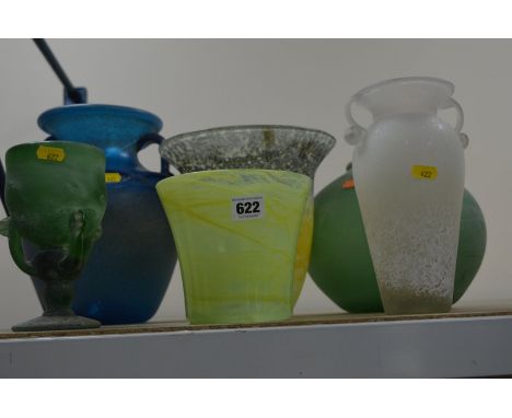 SIX PIECES OF COLOURED GLASSWARE, including reproduction Roman style items and a conical yellow glass vase (6)