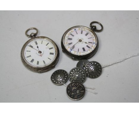 TWO LATE 19TH/EARLY 20TH CENTURY SILVER CASED FOB WATCHES, both stamped .935, painted enamel dials, together with a Russian s