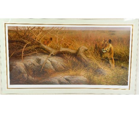 AFTER DICK VAN HEERDE, 'SERENGETI LIONESSES', a limited edition print, signed and numbered, unframed, 83cm x 44cm